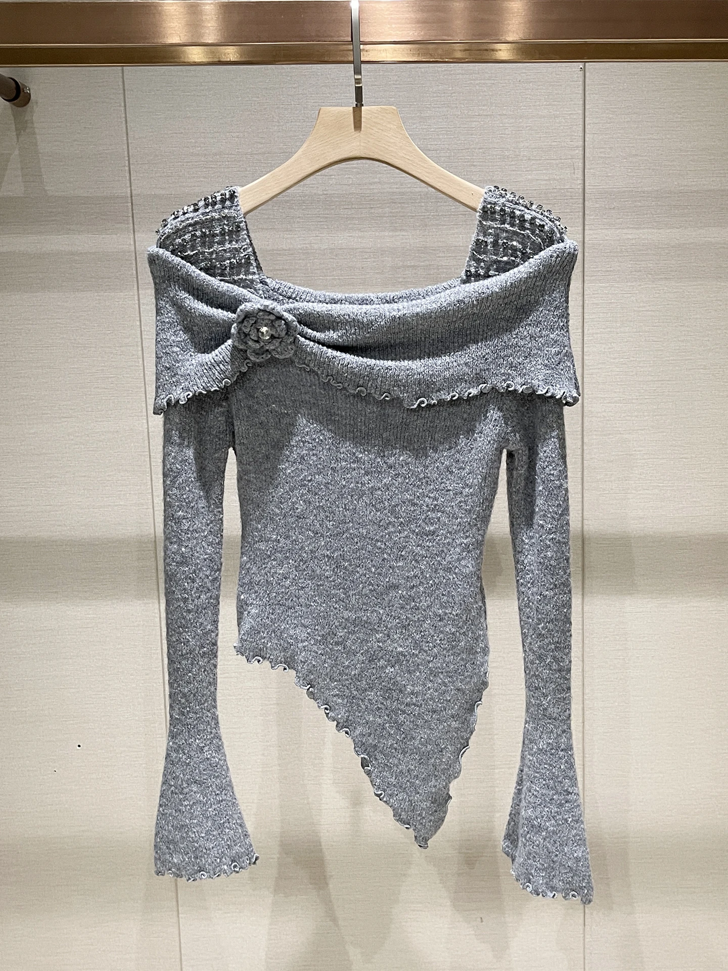 

Женский облегающий вязаный свитер Ele ey с бриллиантовой отделкой и открытыми плечами, модный, осенне-зимний, новинка