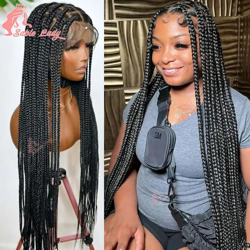 36 inche Jumbo Box Braided Wigs Full Lace Handmade Cornrow Braided Wigs Synthetic Knotless Big Box Braids Wigs for Black Women