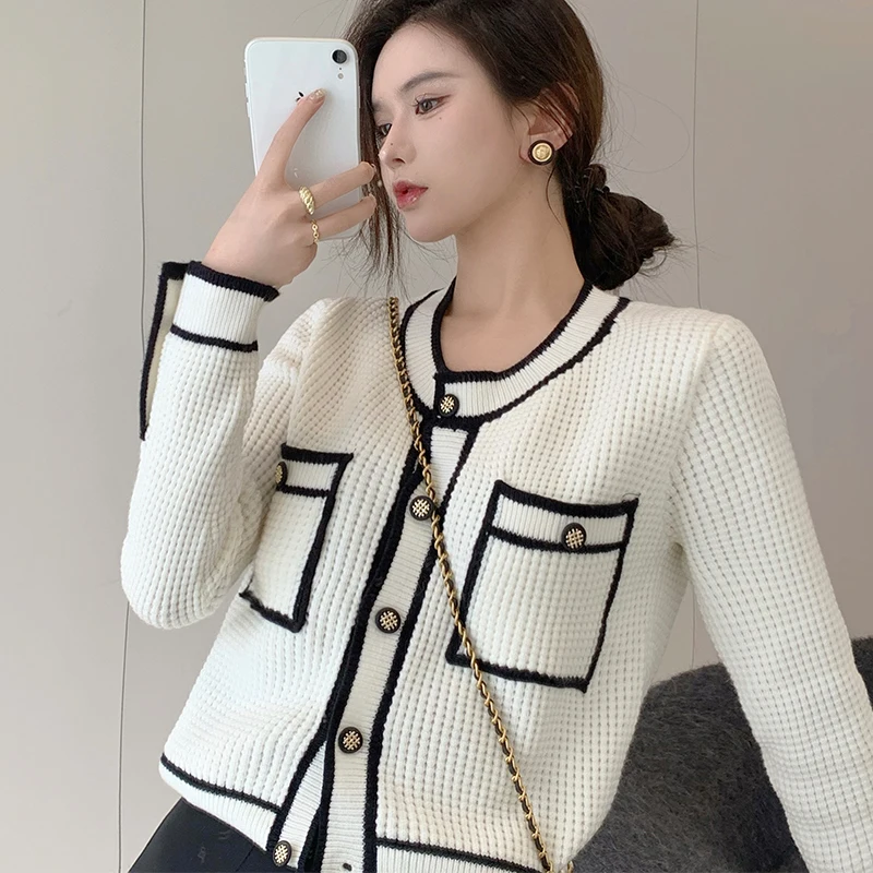 Early Autumn Color Block Knitted  Open Cardigan Women's Elegant Fashion New Design Korean Style Versatile Sweater Jacket