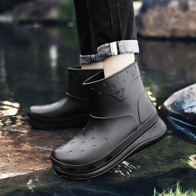 STRONGSHEN Men Rain Boots Fashion Platform Waterproof Anti-skid Work Chef Shoes Men Slip-on Light Fishing Shoes Male Sneakers