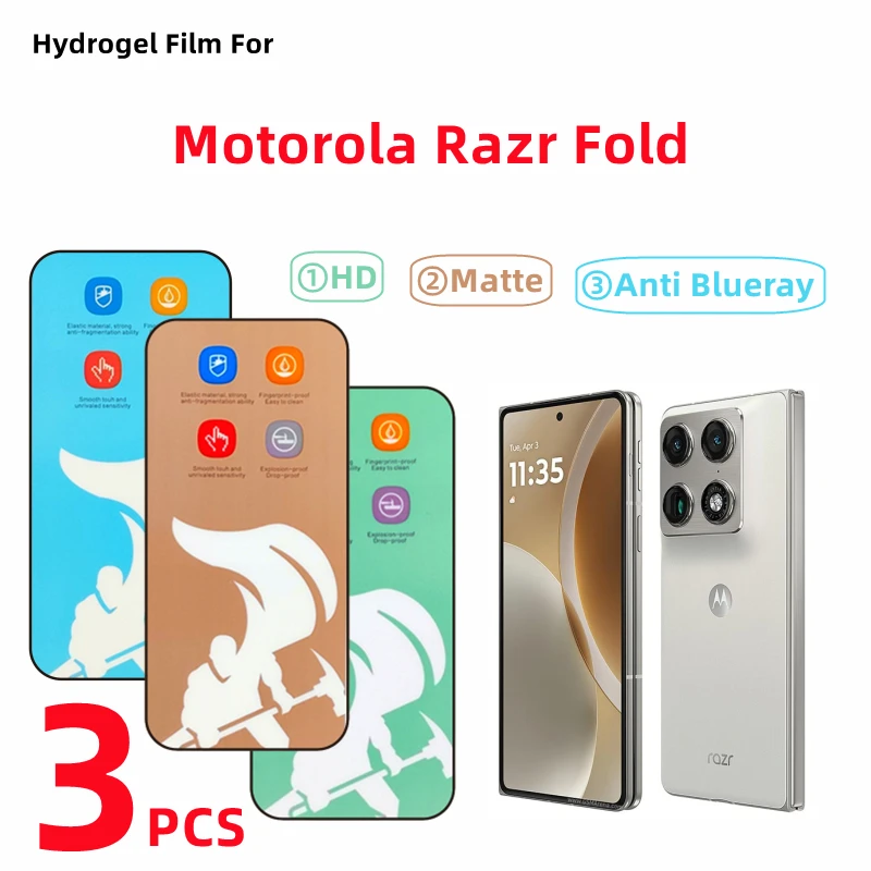 Película hidrogel HD externa para motorola razr fold, 3 peças, protetor de tela fosco para motorola razr fold, película protetora anti blueray
