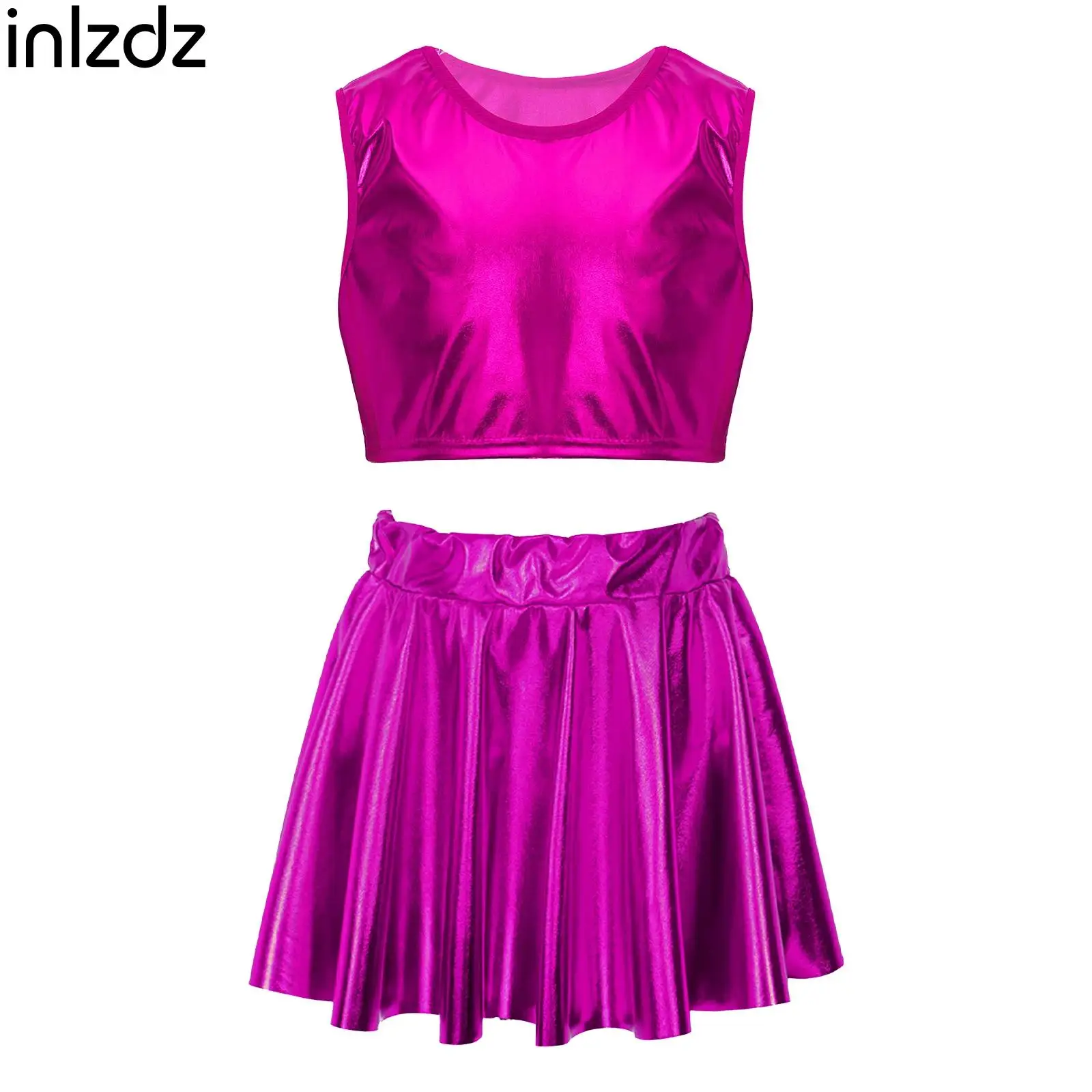 

Kids Girls Jazz Hip-hop Dance Costumes Performance Dancewear Shiny Metallic Crop Tank Tops and Pleated Mini Skirt Skater Set