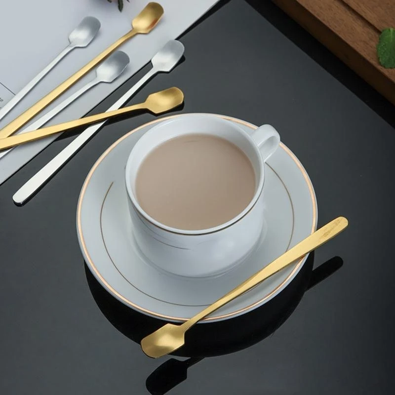  Coffee Dessert Spoon Square Head Teaspoon Long Handle Stirring Spoons Tableware