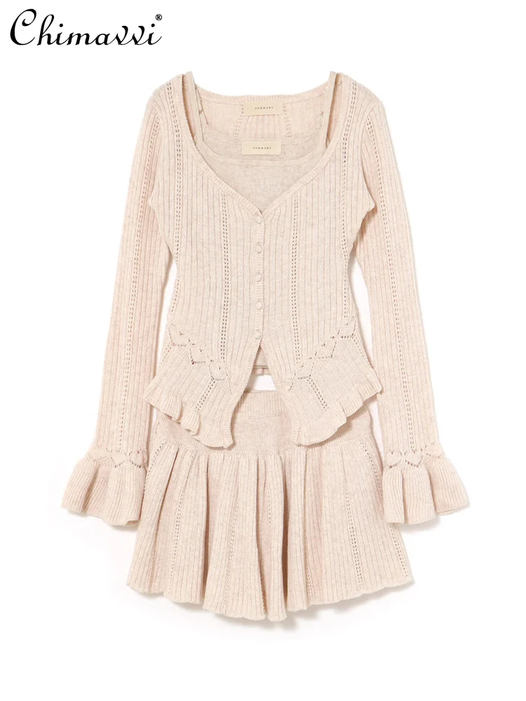 اليابانية الرغبة النقية على شكل قلب الجوف الجاكار محبوك ثلاث قطع مجموعة الحلو فتاة بروتيل بأكمام طويلة سترة تنورة قصيرة