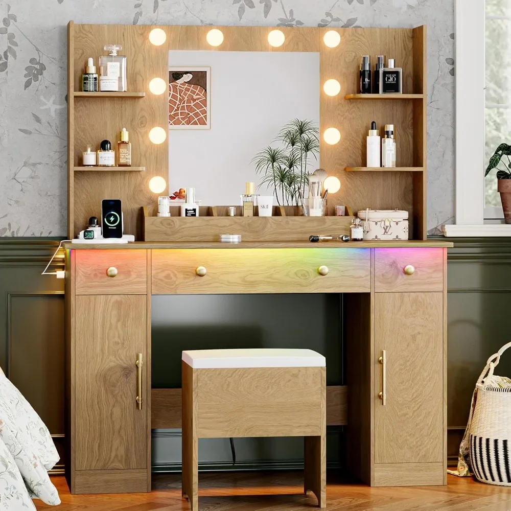

Vanity Desk with Mirror and Lights, 43'' Oak Makeup Dressing Table Set with 5 Drawers & Chair, Power Outlet, 3 Lighting Modes
