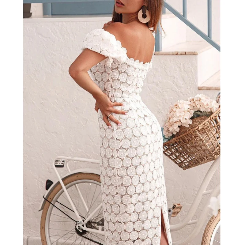 2023 New Fashion Lace Floral Temperament Skirt Solid Chest Wrapped Mid Length Summer Beach Dress Slash Neck Office Lady Slim