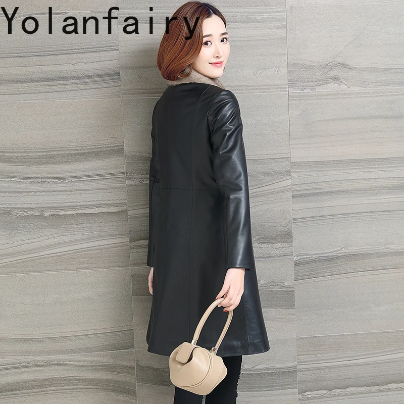 YOLANFAIRY الراقية جلد الغنم الحقيقي سترة النساء 2025 الشتاء الفاخرة فرو المنك بطانة معطف منتصف طول معاطف الفرو الدافئة ضئيلة