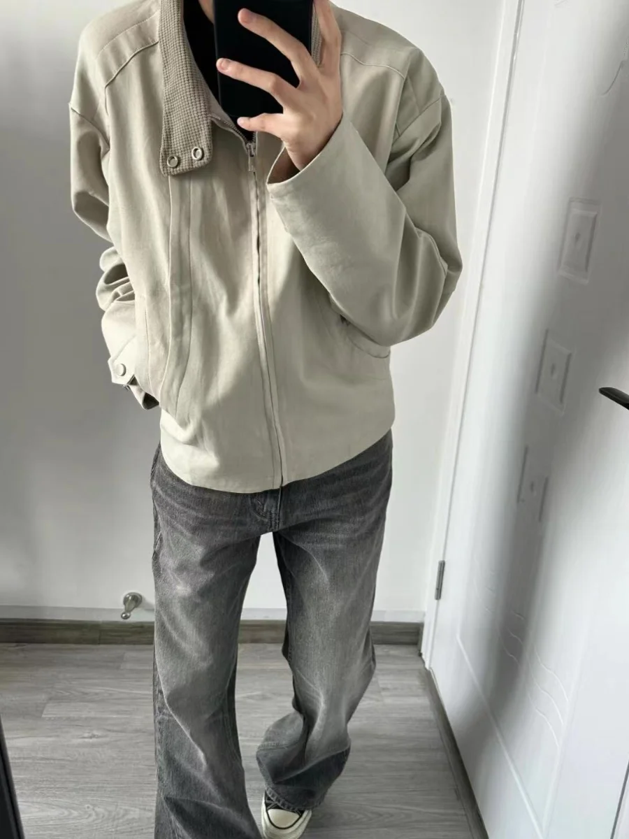 アメリカンハイストリートハリントンジャケットメンズニッチハイセンススタンドカラーパッチワークキャンバスヴィンテージカジュアルアウター