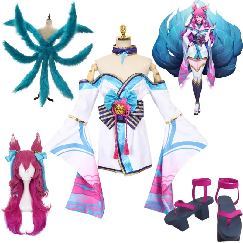 Anime Game Spirit Blossom Ahri Cosplay para Mulheres, KDA Cosplay, Peruca Cauda, Sapatos, Halloween Party, Role Play, Roupas de Carnaval