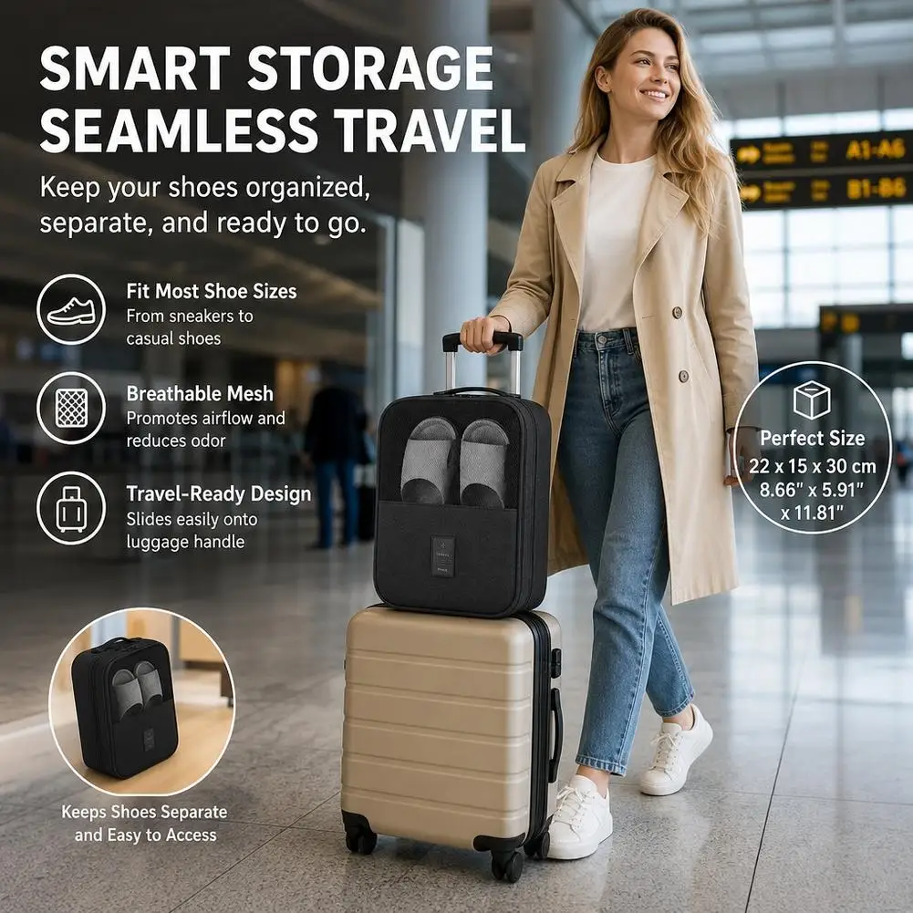Waterproof Travel Shoe Storage Bag Dual Layer Breathable Mesh Pocket Holds 3 Pairs Sneaker Trolley Sleeve Design Foldable