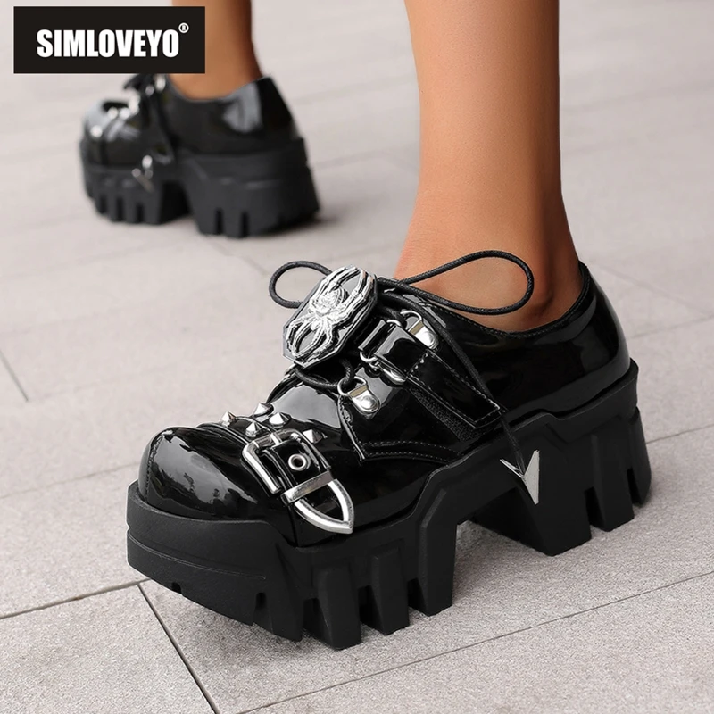 

SIMLOVEYO Gothic Women Pumps Patent Leather Thick Heels Platform Lace Up Metal Decoration Plus Size 42 43 44 Leisure Daily Shoes