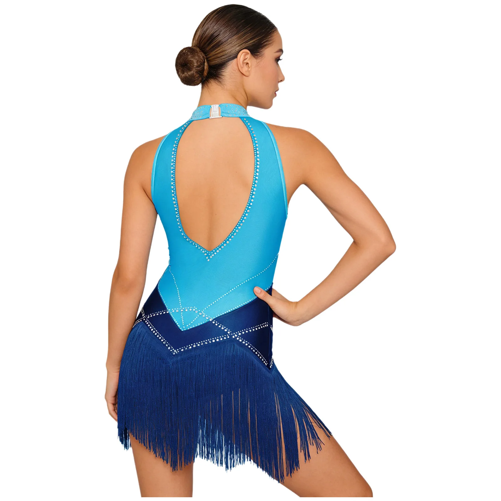 

Womens Latin Dance Leotard Dress Shiny Rhinestones Color Block Fringed Bodysuit Halter Cha-Cha Tango Rumba Salsa Tassel Jumpsuit