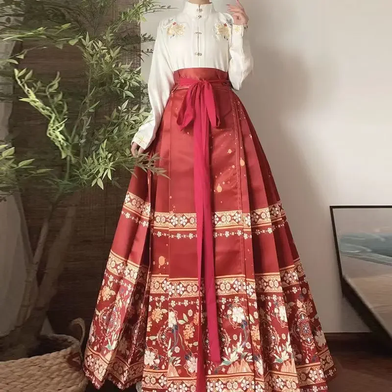 Conjunto de saia vintage feminina de duas peças, saia de cavalo, hanfu chinês, estilo étnico, roupas da moda, roupas novas