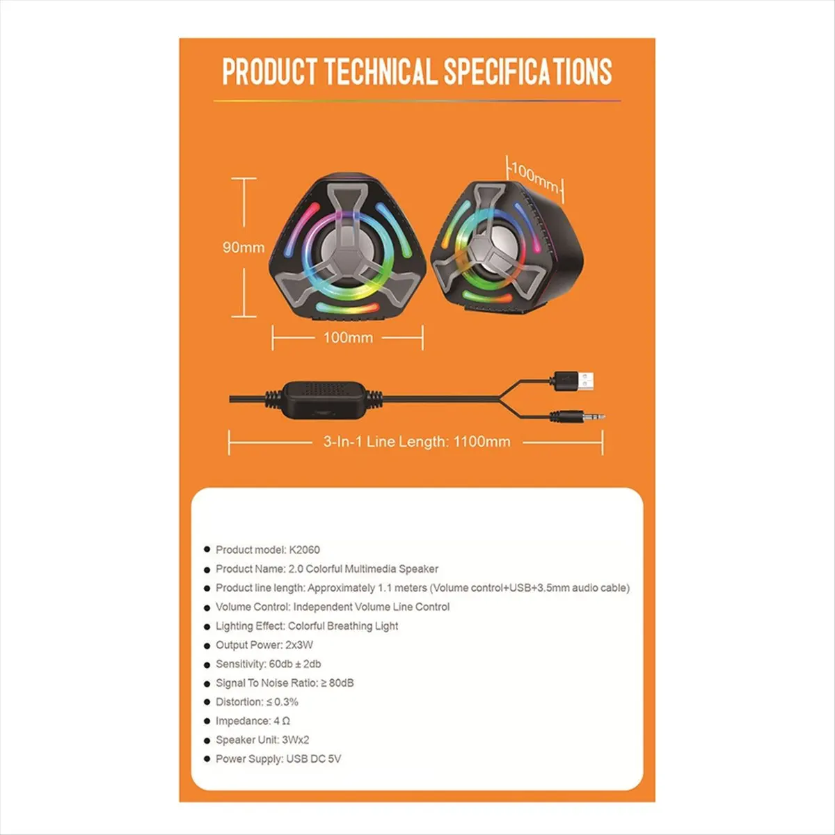 

Проводной USB-динамик для компьютера, мультимедийный компьютерный сабвуфер, цветной световой эффект, RGB-динамик для настольных игр