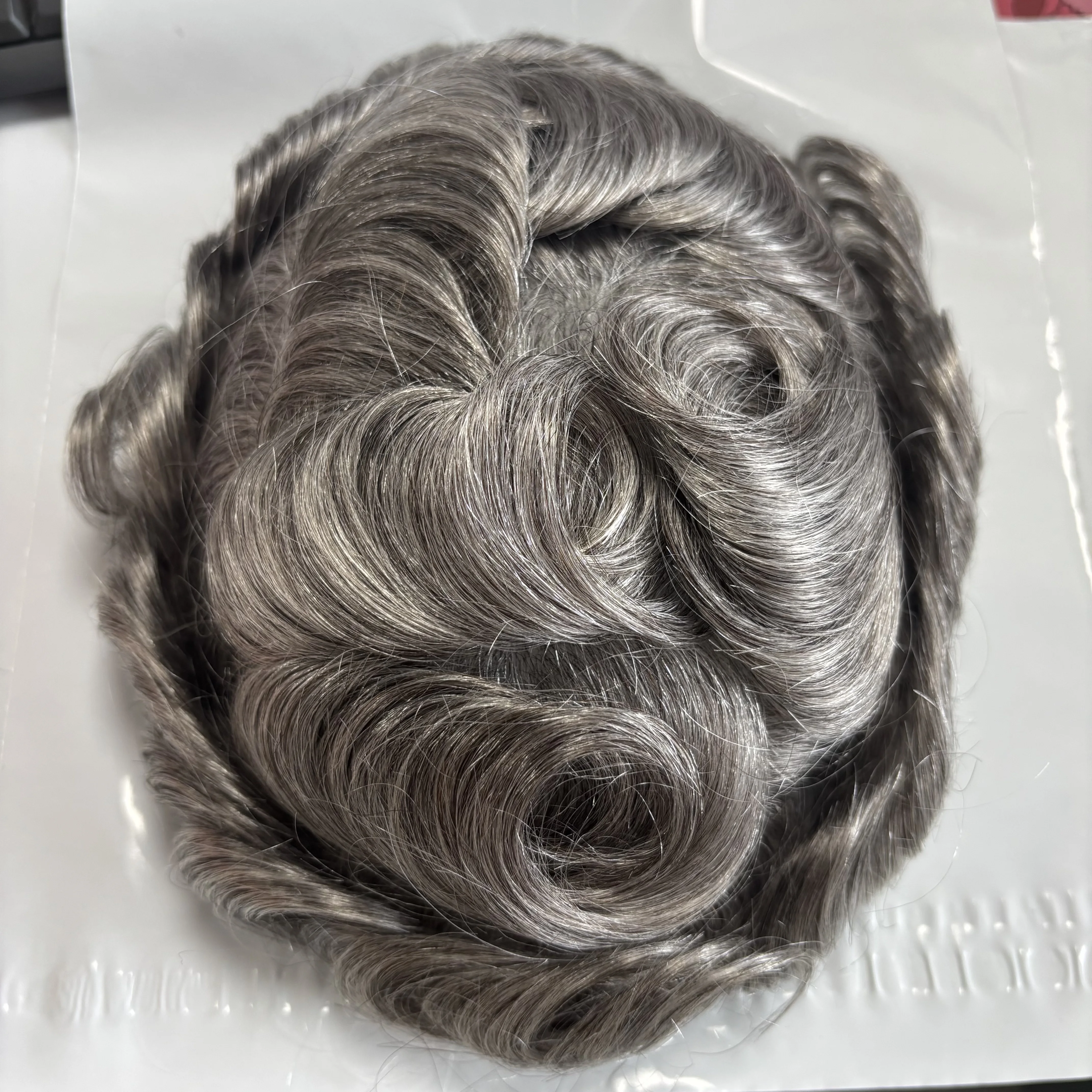 90 الكثافة # 420 بني مختلط مع شعر رمادي كبار السن شعر مستعار للرجال صغير رقيق 0.02 مللي متر غير قابل للاكتشاف 100% شعر بشري بولي سكين شعر مستعار للرجال