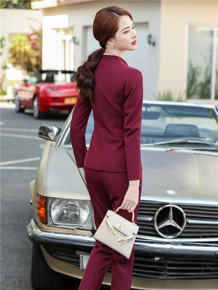 Wine Red Pant Suits Women 2 Pieces Set Business Office Lady  Blazer And Trousers Spring Autumn Black Workwear Outfit