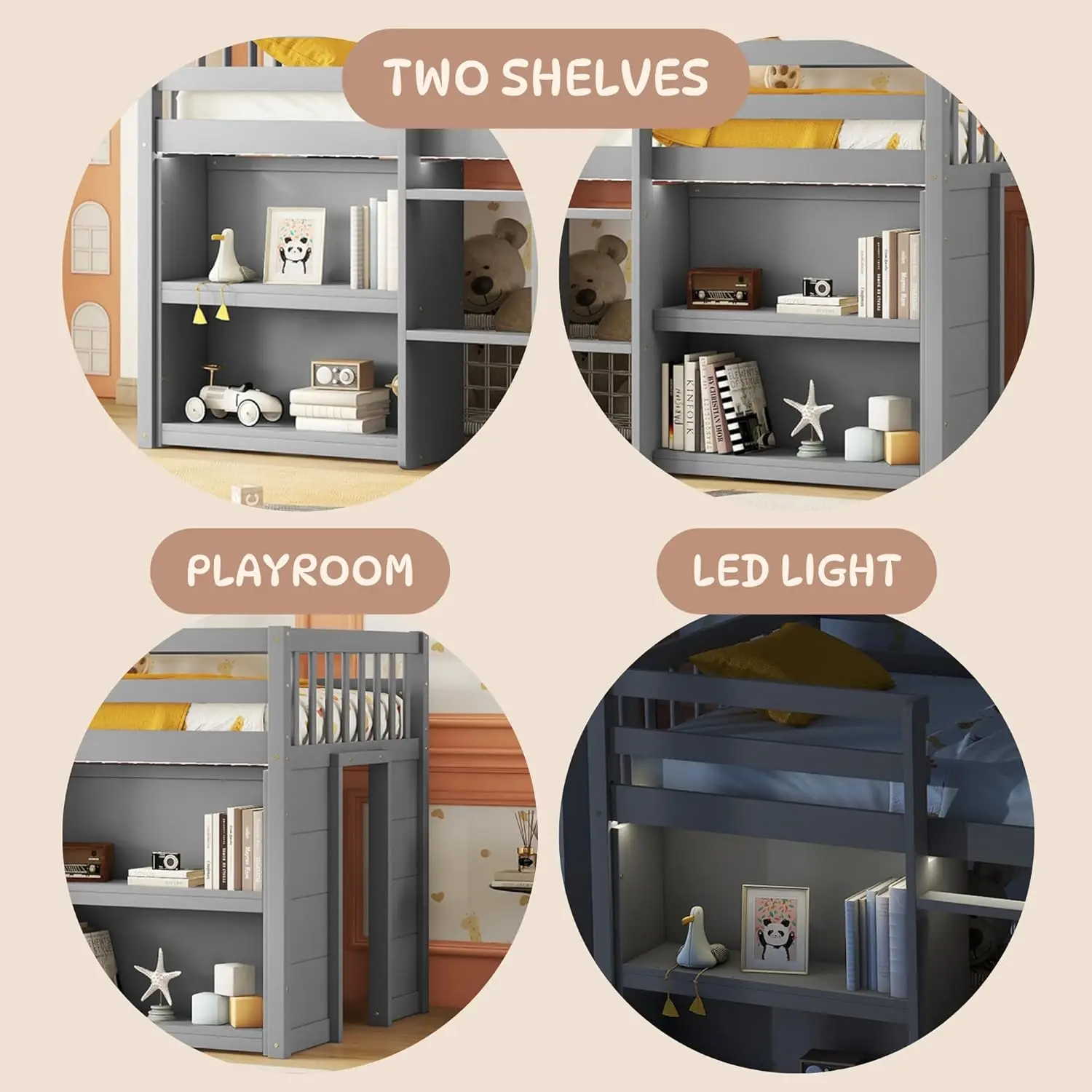 Lit Loft Bas avec Étagères de Rangement pour Enfants, Lit Loft Lits Jumeaux en Bois avec Lumière LED et Étagères, Lit Loft Bas pour Enfants et Garçons