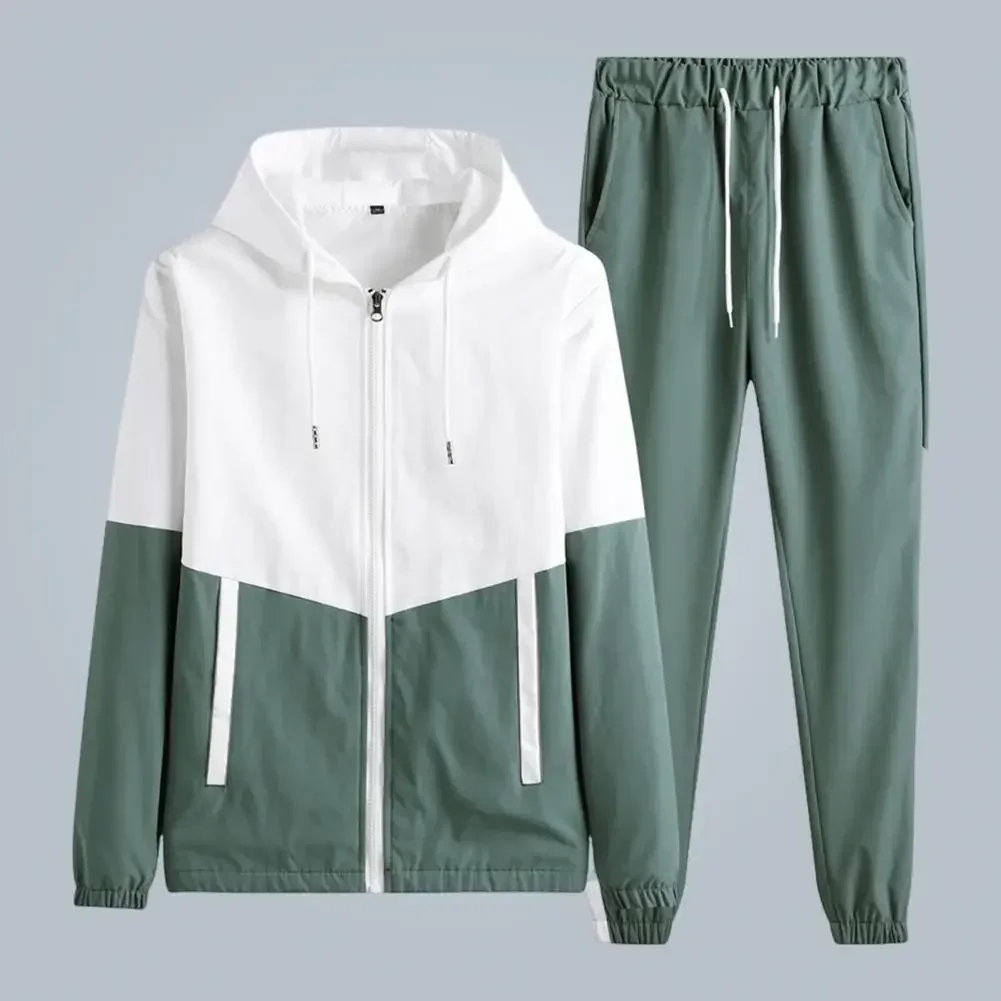 

Men Suit Set Men's Hooded Drawstring Sweatshirt Pants Set with Patchwork Color Design Sporty Outfit with Elastic Waist Pockets