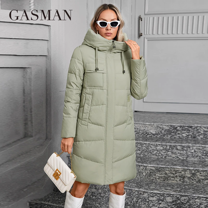 GASMAN 2024 Women Down Jacket Long Classic zipper design Big Pocket Stand Collar Hooded Slim coat Women Parkas GM-83511