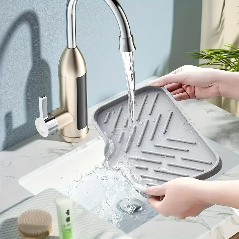 1 set of gray drain pads, non slip bottom, silicone material, suitable for washing dishes and draining water - Detail 1