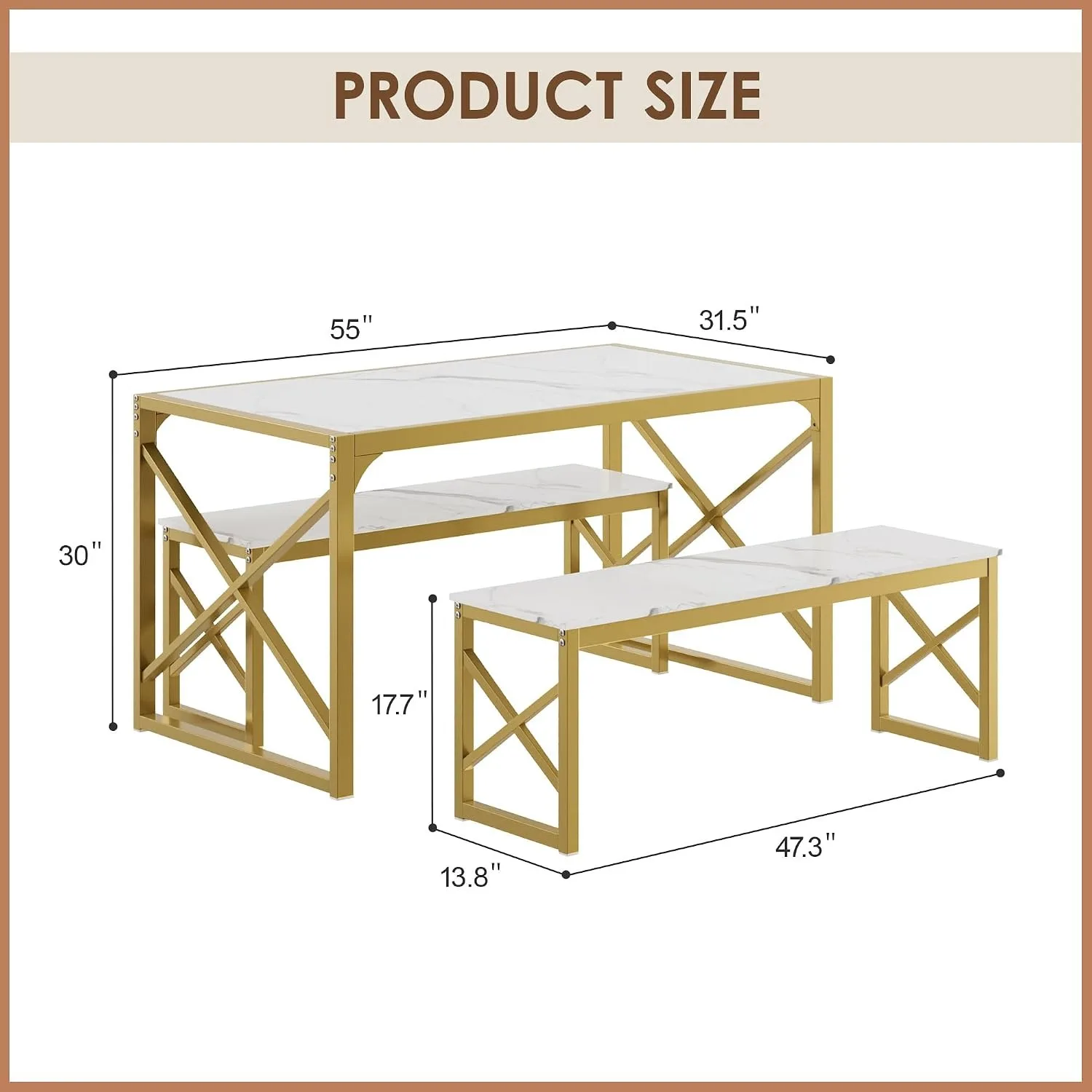 Kitchen Dining Table Set for 4 Steel Frame Wood-Grain Top 2 Benches Space-Saving Golden
