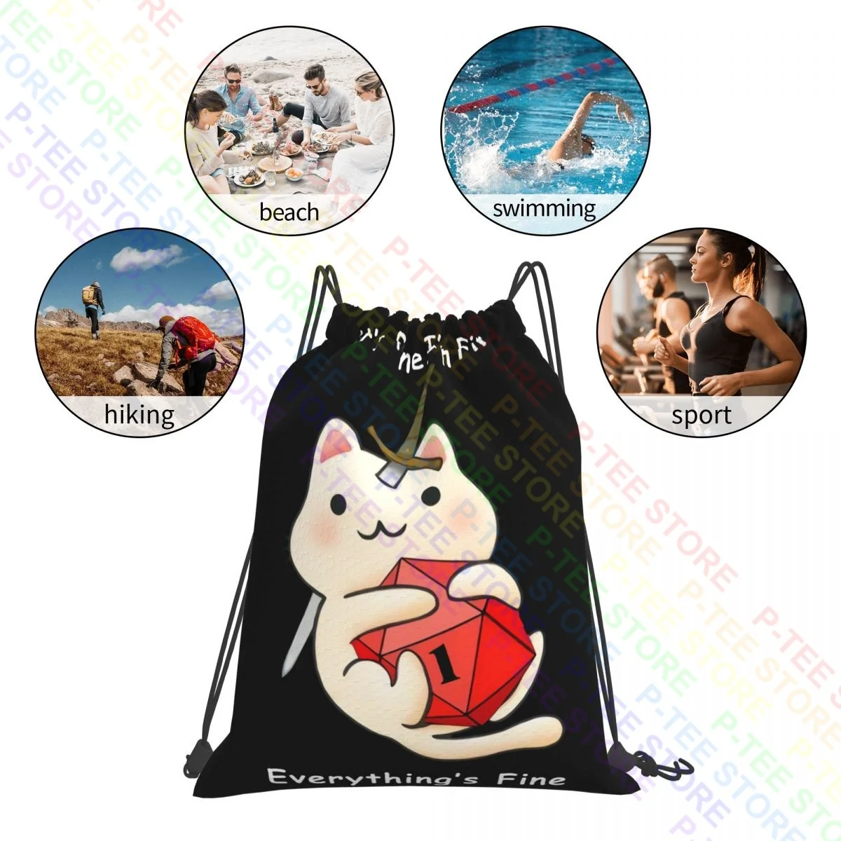 Funny Meowster Dnd Coffee It S Fine I M Fine Everything Drawstring Bags Gym Bag School Gymnast Bag