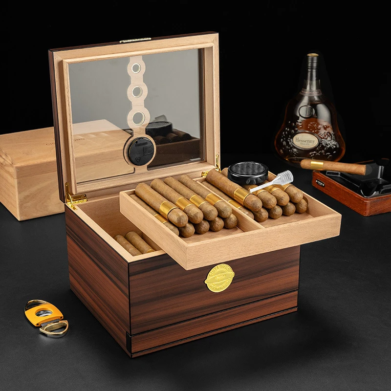 Luxury Wooden Cigar Humidor Box Handmade Cedar Wood Storage Case with Gift Set for 30 40 50 Cigars Desktop Organizer