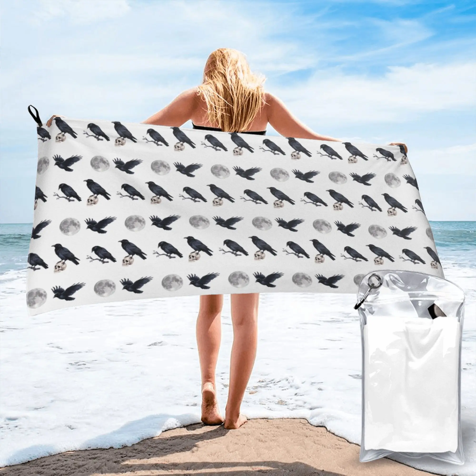 Trendy Black raven crow ,skull and moon Pack Beach Towel Soft Microfiber Quick Dry Absorbent Quick Towels For Pool