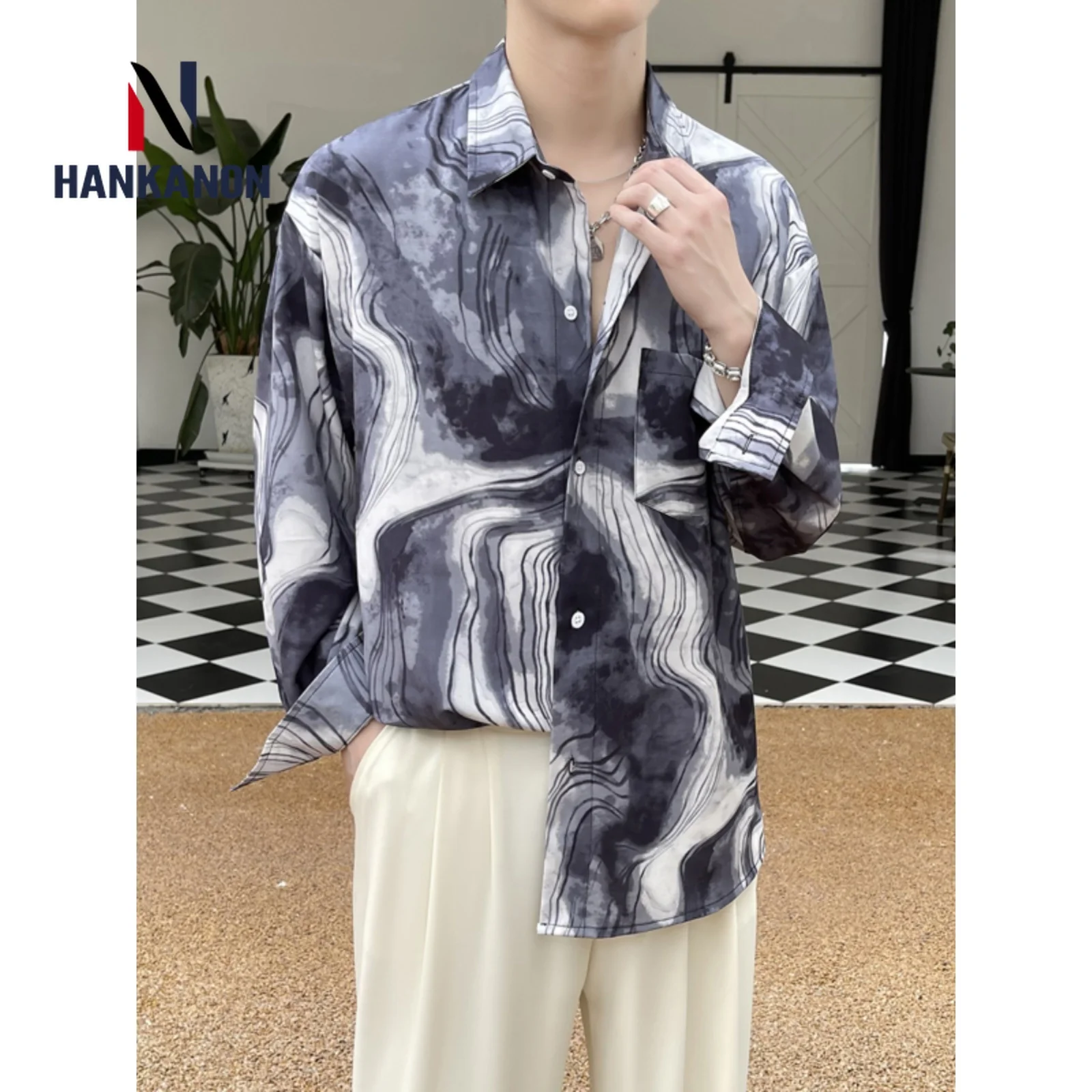 Oversized. Autumn New Arrival Floral Print Long Sleeve Shirt for Men, Loose Fit Casual Daily Shirt.