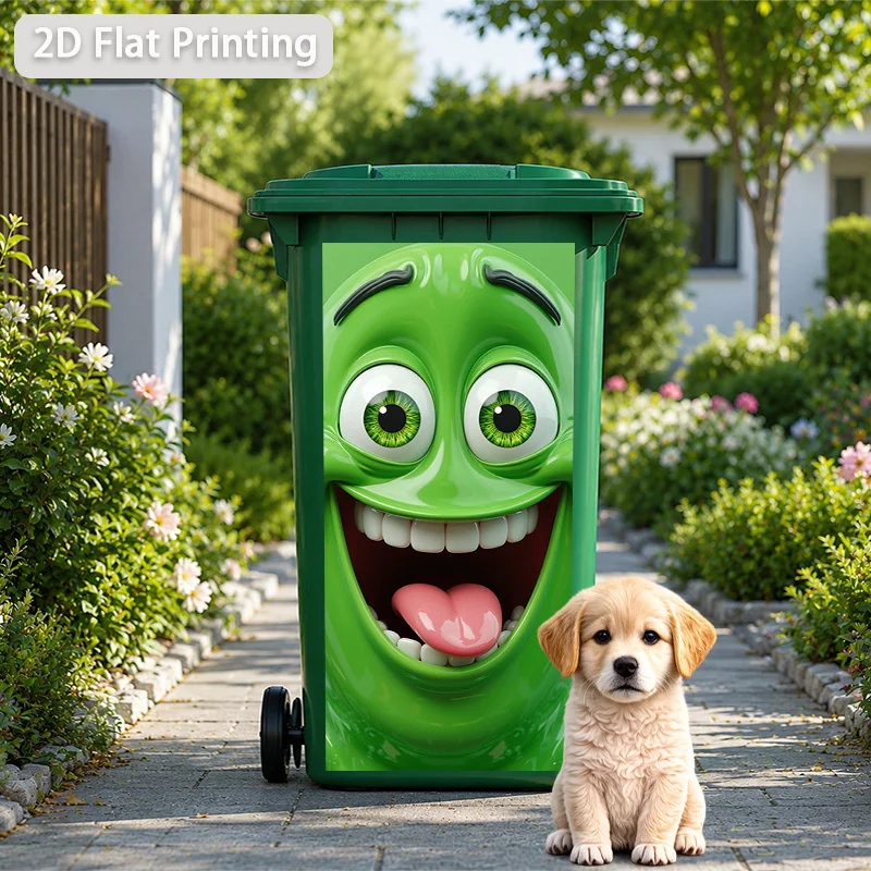 1pc Green Grinning Cartoon Face Themed Trash Can Decal Wall Sticker, Ideal for Outdoor Trash Cans, Walls and Home Decor.