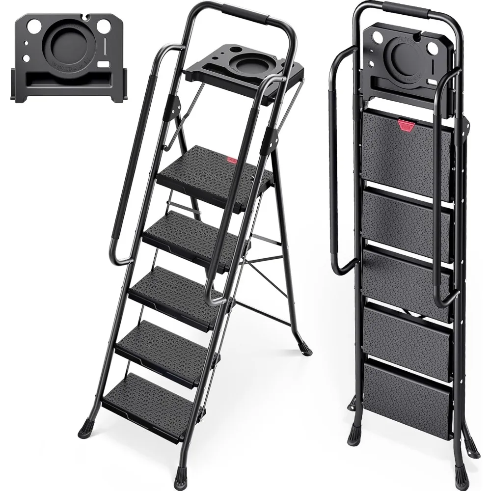 

5 Step Ladder, Folding Step Stool for Adult with Tool Platform, Handrails, Wide Anti-Slip Pedals, Pass 800lbs Load Testing， Por