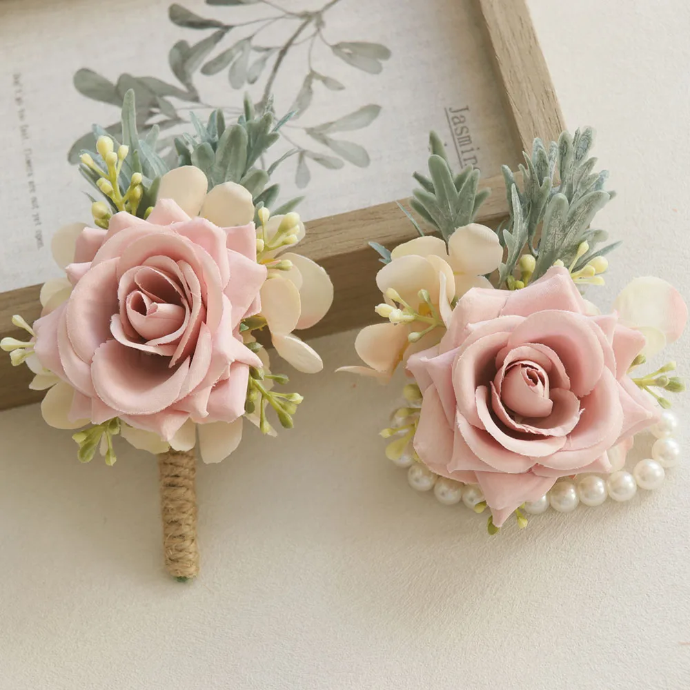 1PC Romantic Rose & Faux Pearl Forest Style Wrist Corsage - Bridal Accessories for Wedding & Party - Elegant, Dainty, and Charm