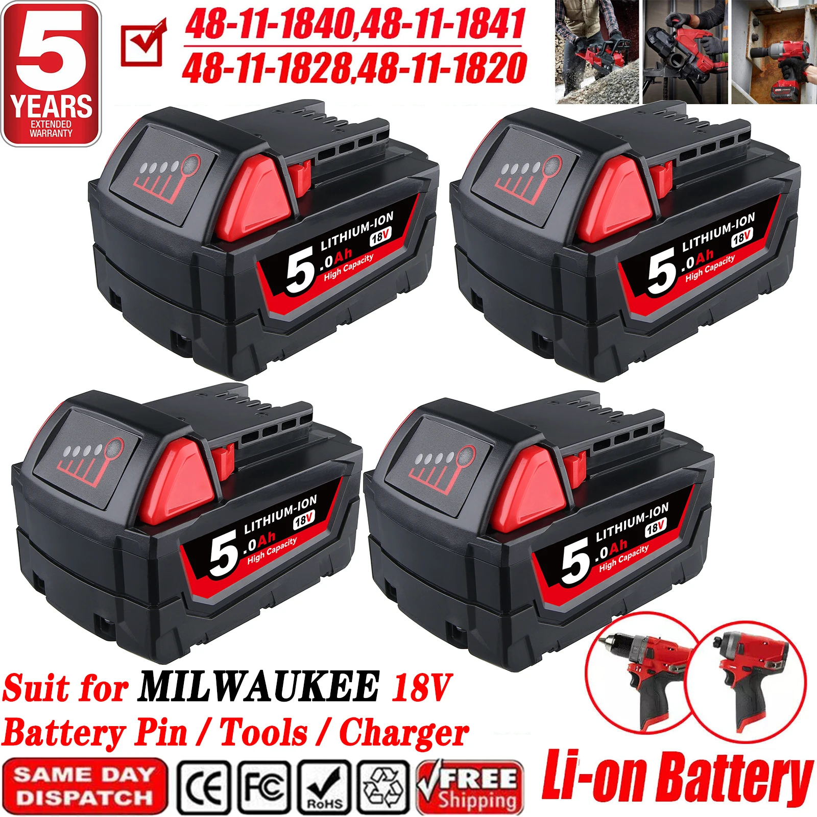

1/2/4 шт. M18 5,0 Ач, замена для Milwaukee, 18 В, штифт литий-ионного аккумулятора 48-11-1880, аккумуляторный инструмент 2646-22CT, 2643-21CT, 2641-21CT, 2646-21CT