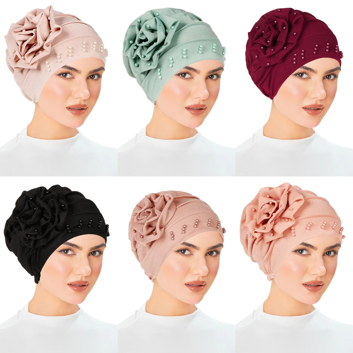 

2026 New Pearls Muslim Fashion Women Hijabs Turban Beanie Hat With Flower Chemo Headwear Elastic Head Wrap Cap