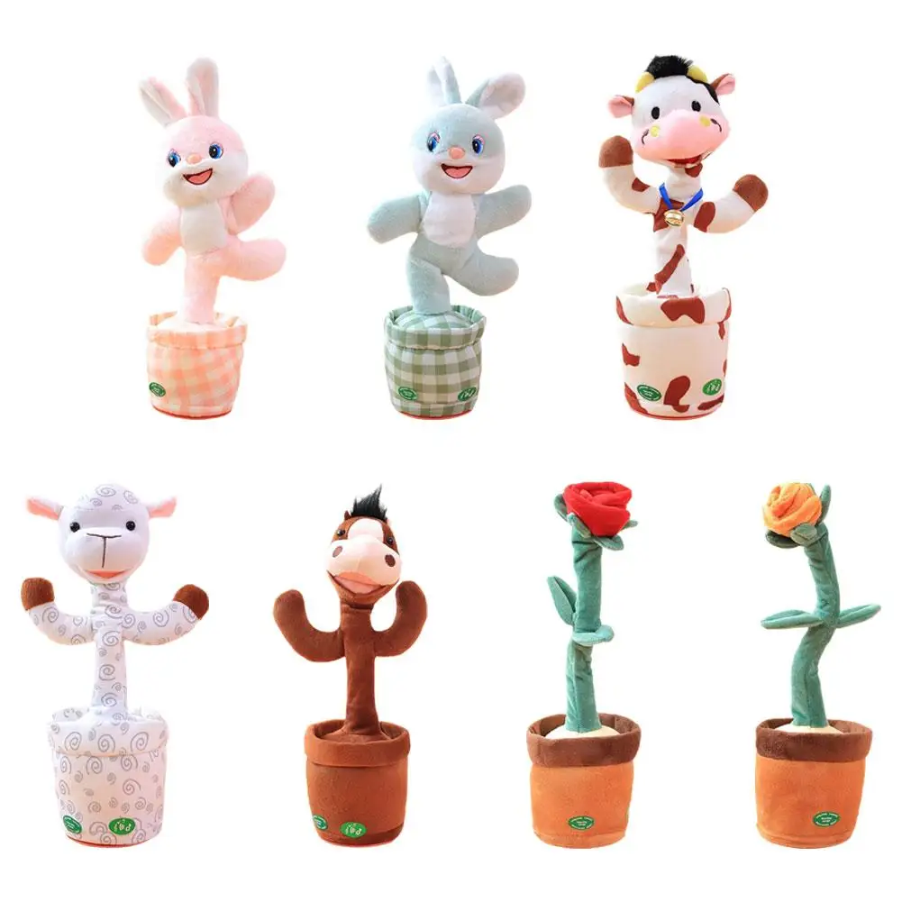 Dancing Rabbit Cow Interactive Learning Musical Speak Plush Toy Repeat Talking Plushie Rabbit Intelligent Cactus Kids Gifts