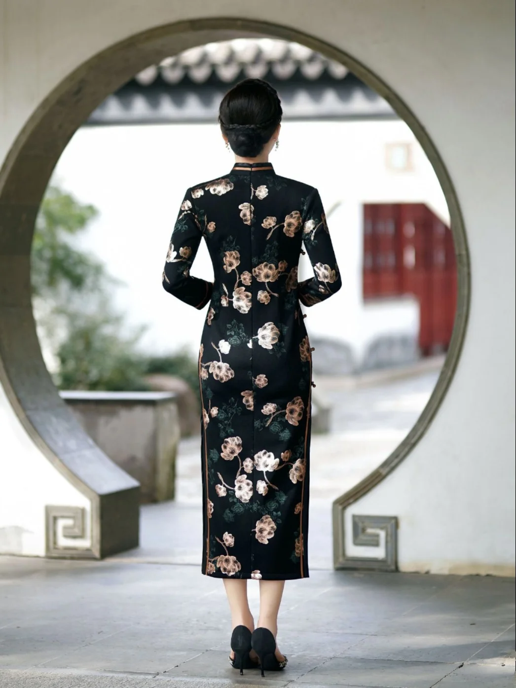 

Qizhen Autumn Winter New Sle Slim Fit Vintage Long Sve Dr for Mom Daily Wear High Slit Floral Pattern