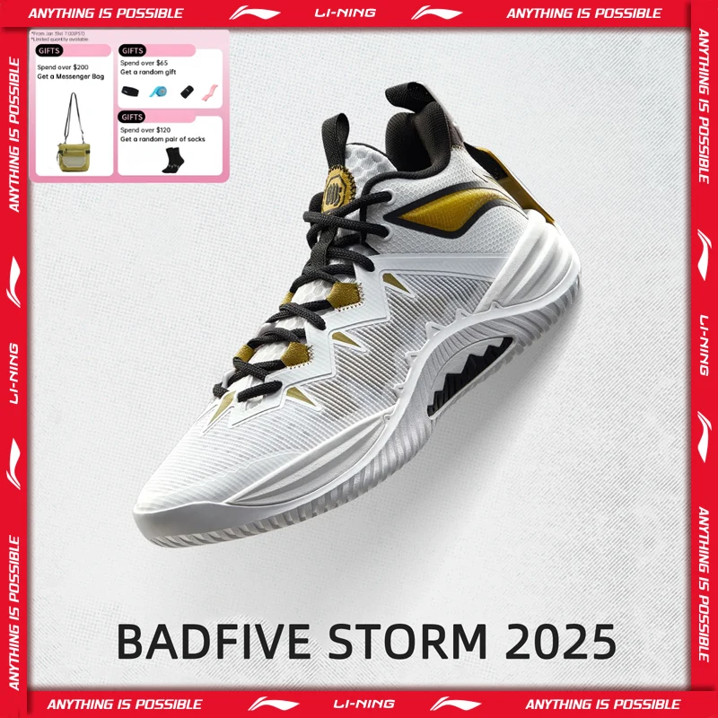 Męskie buty do koszykówki Li-Ning BADFIVE STORM 2025 Outdoor z amortyzacją BOOM, wytrzymałe sneakersy sportowe LiNing TUFF OS ABFV017