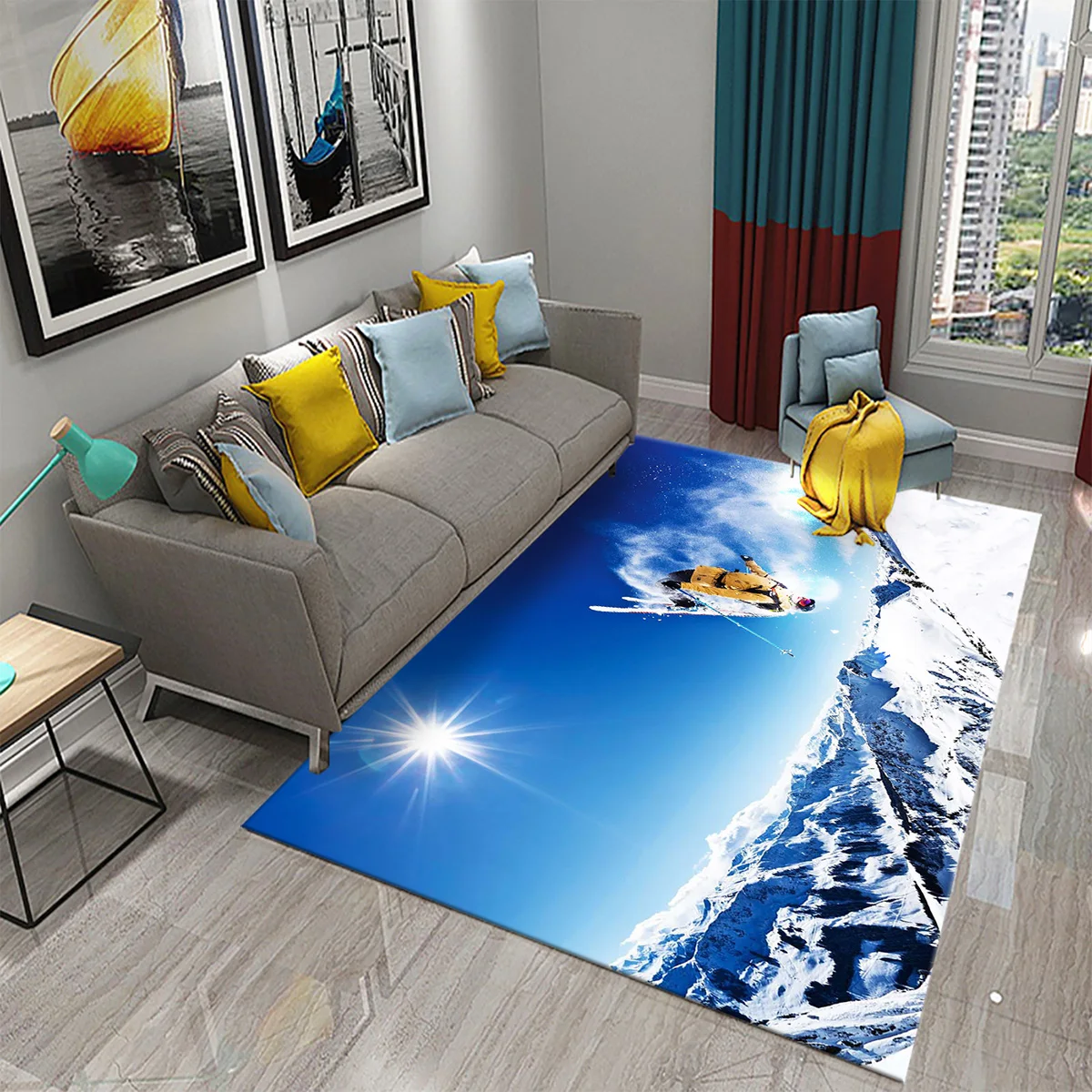 Ski Pattern Carpet Extreme Sport Theme Floor Mat for Living Room Bedroom Bathroom Entrance Non-Slip Soft Area Rug for Home Decor