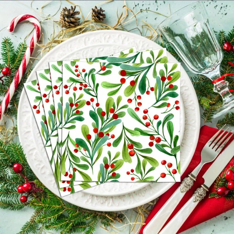 مناديل عيد الميلاد - تصميم 3 طبقات للاستعمال مرة واحدة من التوت والصنوبر مع توت أحمر، لحفلات العطلات وحفلات الزفاف وديكور المنزل