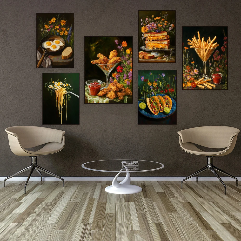 Fantastic food, fried chicken, tortillas, eggs, Easter eggs, pasta on fork, still life, floral rustic print, kitchen decor poste