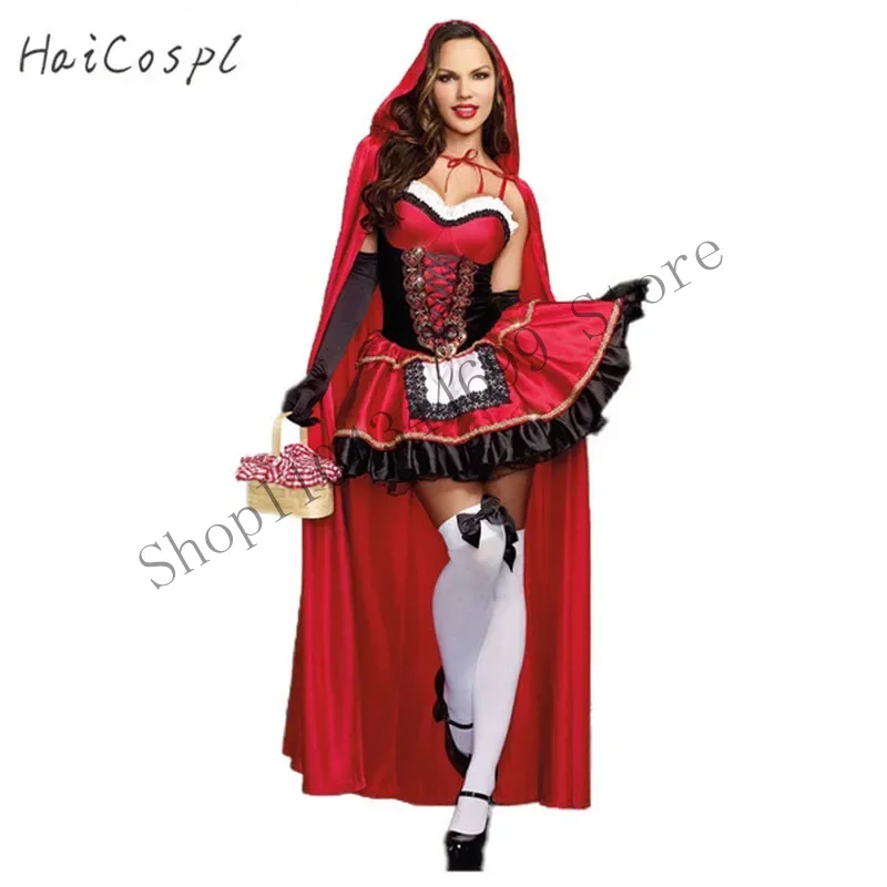 Little Red Riding Hood Costume For Women Fancy Adult Halloween Cosplay Fantasia Carnival Fairy Tale Plus Size Girl Dress Cloak C