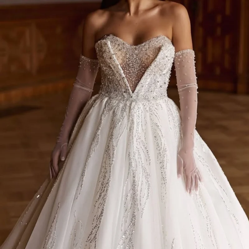 

Shiny White Wedding Dresses off-shoulder The corset decal Bridal Gowns A skirt Pearl jewelry multi-layer Made ﻿Customize