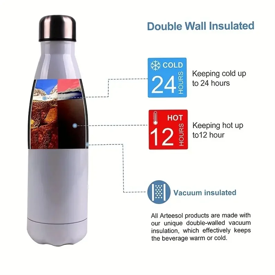 500ml/17oz Blank Sublimation White Water Bottle For Travel & Sports, Stainless Steel Double Wall Vacuum Insulated Flask