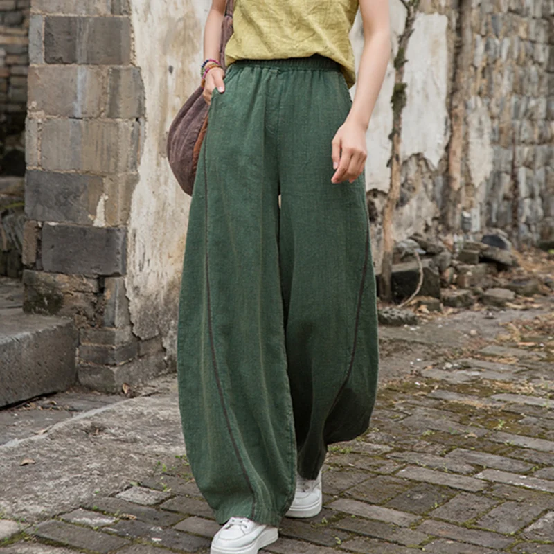 Elegant Women's Cotton Linen Baggy Cargo Pants Vintage Elastic Waist Yoga Trousers Loose Casual Long Wide Leg Oversize Clothes