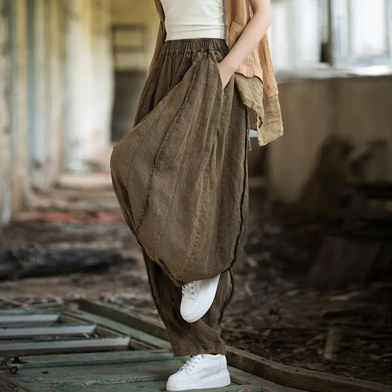 ใหม่ 2025 ฤดูใบไม้ผลิฤดูร้อนศิลปะสไตล์ผู้หญิงเอวผ้าฝ้ายผ้าลินินกางเกงขากว้าง Patchwork หลวมสบายๆความยาวกางเกง 3119