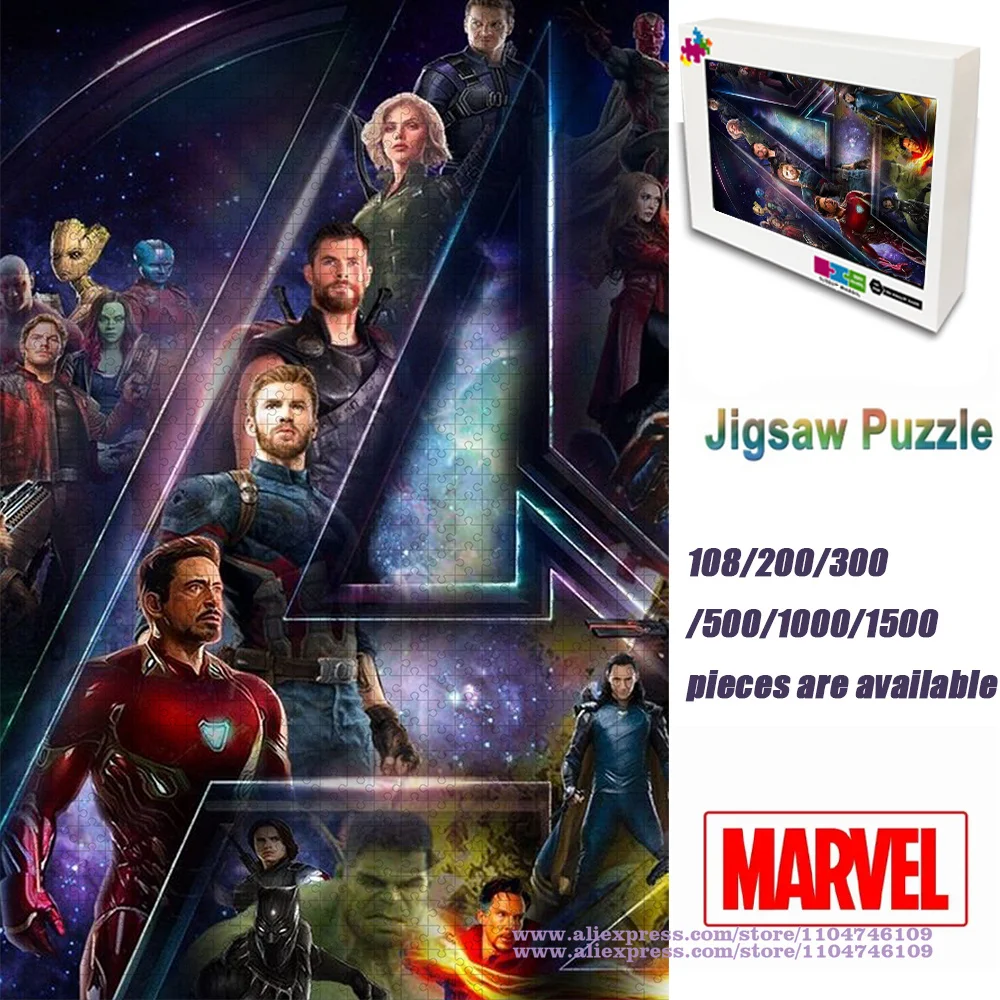 

Пазл Marvel Heroes, 108/200/300/500/1000/1500 шт., интеллектуальные пазлы для детей, подарок унисекс с красочной печатной коробкой