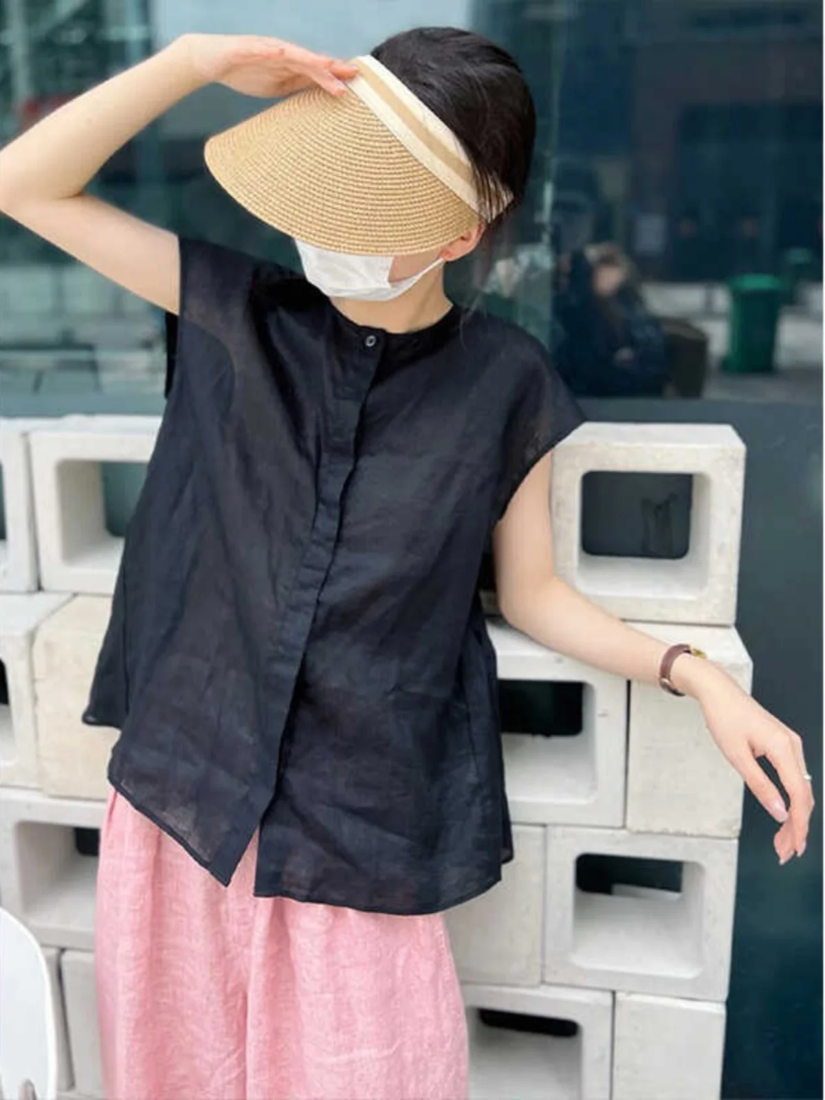 

Женский японский льняной топ Svel irt с тонкими плечами, летний ор Sve Bla, открытый кардиган для женщин