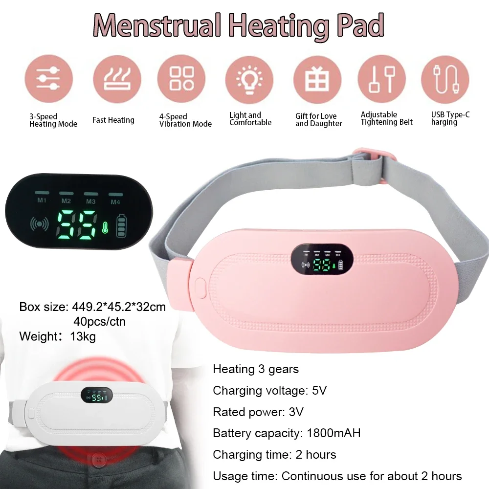 Portable Digital Display Cordless Menstrual Heating Pad Fast Heating Massage Period Waist Wrap Belt Women Menstrual Pain Relief