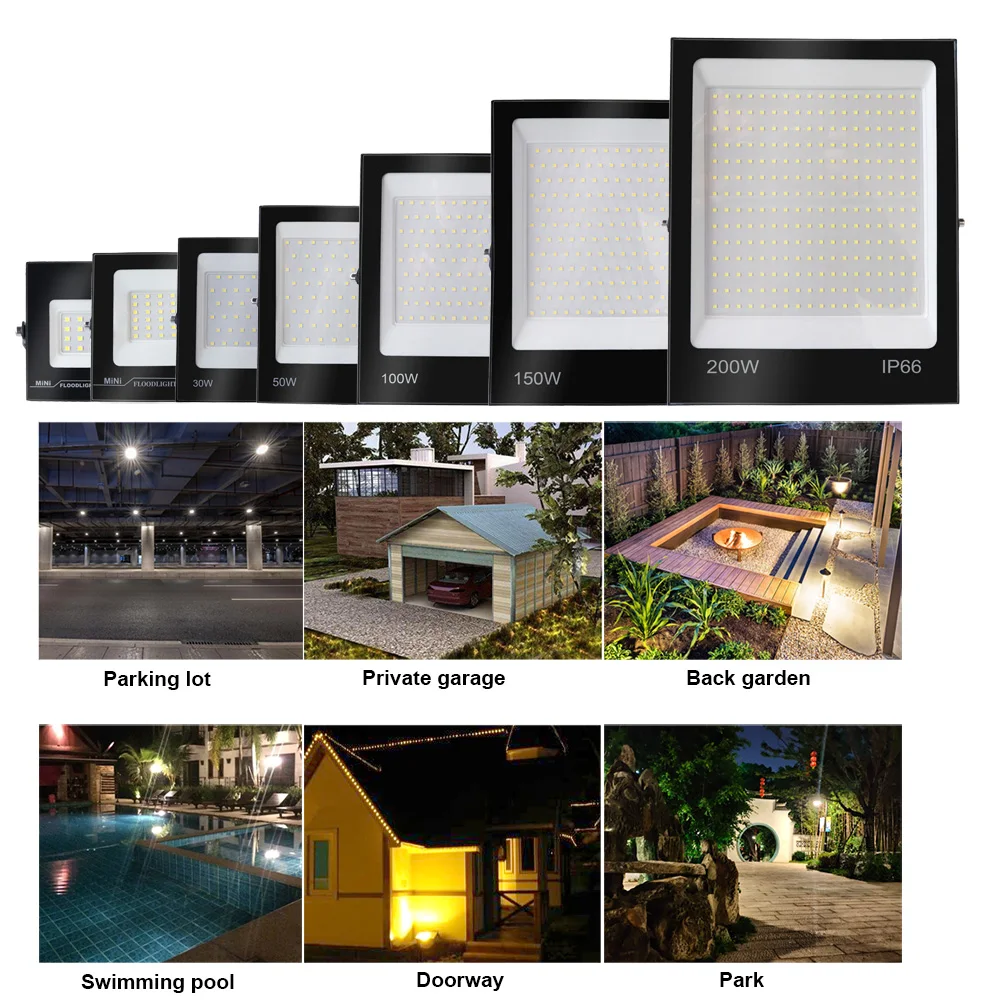 Holofote LED à prova d'água IP66 220V 10W 20W 30W 50W 100W 150W 200w Projetor de jardim ao ar livre Iluminação Holofote Luzes de inundação de parede