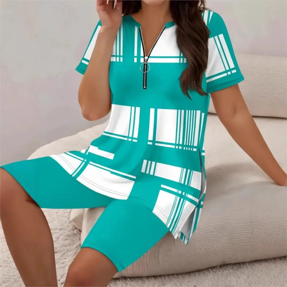 Estate nuove donne alla moda vestito con cerniera decorazione camicia stampata a righe Top + camicie abiti larghi casual set in due pezzi abbigliamento per la casa